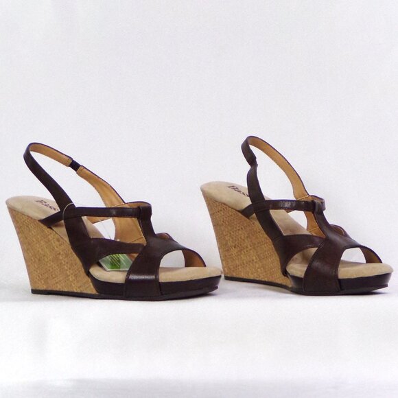 BASS CUSHION STEP size 6M ELENI brown/tan wedge-heel sandals leather uppers - Picture 5 of 16